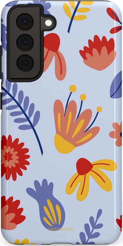 Casetastic hoesje geschikt voor Samsung Galaxy S21 FE 5G - Dubbellaagse bescherming - Bloemenwind - Fashion Case - Lichtblauw Terracotta Geel