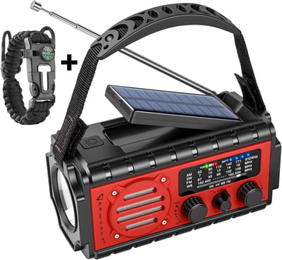 RAWVOLT® - NIEUW - Noodradio SW20K - 20000mAh Li-ion Accu - Solar Opwindbaar - Powerbank, Zaklamp, SOS Alarm & Leeslamp - 2026 model voor indoor, outdoor en in noodpakket - incl. Multi-Function Survival Armband - Tuscan Red
