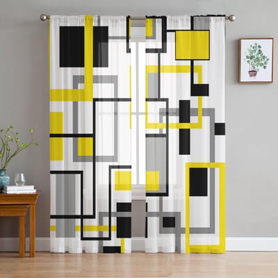 Noords Middeleeuws Geometrisch Abstract Geel Voile Transparante Gordijnen Woonkamer Raam Tule Gordijn Keuken Slaapkamer Huisdecoratie 135W x 114H(cm) white