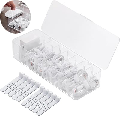 Opbergdoos - Kabelopbergdoos - Kabelmanagementdoos - Kabelorganizer met 10 kabelbinders - Kabelopbergdoos - Doorzichtige plastic opbergdoos voor bureau - Werkbank - Woonkamer - Slaapkamer (groot formaat met deksel)