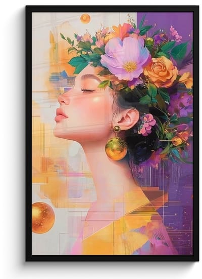 Poster in lijst - Fotolijst 60x90 cm - Posters - Abstract - Vrouw - Bloemenkroon - Goud - Posterlijst zwart - Decoratie - Wanddecoratie woonkamer - Muurdecoratie slaapkamer
