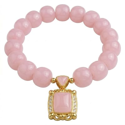 Roze goudkleurige kralen armband voor dames met vierkante hanger – elastische armband met siersteen detail