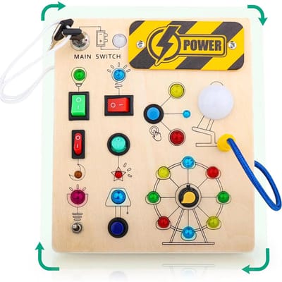 Busy Board voor peuters, houten activiteitenbord met LED-lichtschakelaar, Montessori-educatief speelgoed voor kinderen, sensorisch leerspeelgoed voor onderweg, verjaardagscadeau voor jongens en meisjes