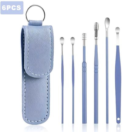 6-delige roestvrijstalen Oorlepeltje – inclusief leren etui Innovatieve set met veermechanisme voor oorreiniging Oorverwijderingsinstrumenten met 360° spiraalontwerp Complete set voor het verwijderen van oorsmeer Oorverzorgingsset Make-up-organizers