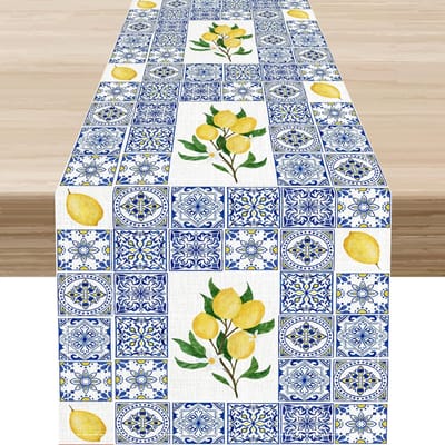 Blauwe Citroen Fruit Italiaanse Tegels Linnen Tafelkleed Commode Sjaal Decor Boerderij Keuken Eettafelkleed Feestdecoratie 150x33cm