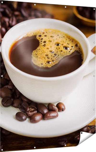 Gards Tuinposter Kopje Koffie met Koffiebonen - 120x160 cm - Tuindoek - Tuindecoratie - Wanddecoratie buiten - Tuinschilderij