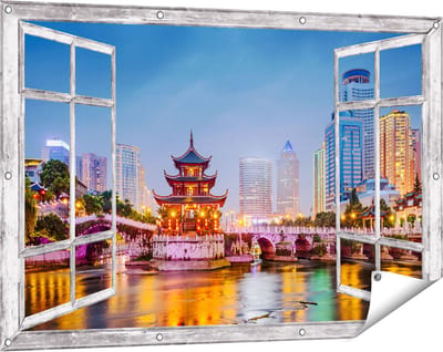 Gards Tuinposter Doorkijk Rivier bij Stad Guiyang in China - 120x80 cm - Tuindoek - Tuindecoratie - Wanddecoratie buiten - Tuinschilderij