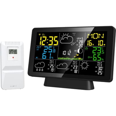 Digitaal Weerstation met Standaard en Draadloze Binnen-Buitensensor App-bediening Weersvoorspelling EU black