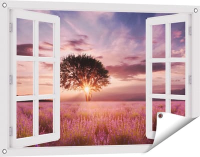 Gards Tuinposter Doorkijk Bloemenveld met Lavendel bij Zonsondergang - 90x60 cm - Tuindoek - Tuindecoratie - Wanddecoratie buiten - Tuinschilderij
