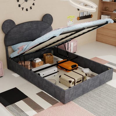 MODFU Bedframe 140x200 cm – Met cartoon-hoofdbord en gaslift opbergruimte – Gestoffeerd in grijs – Voor kinderkamer