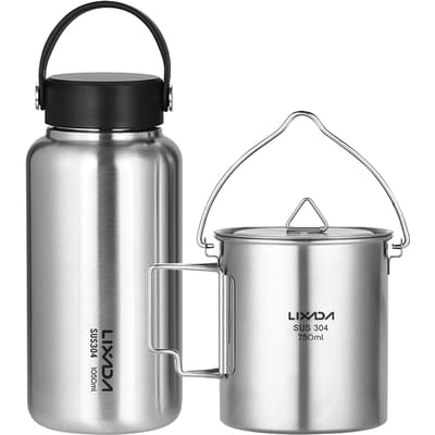 LIXADA 1050ml roestvrijstalen waterfles lekvrije sportfles met 750ml hangpot voor Bottle & Hanging Pot gray