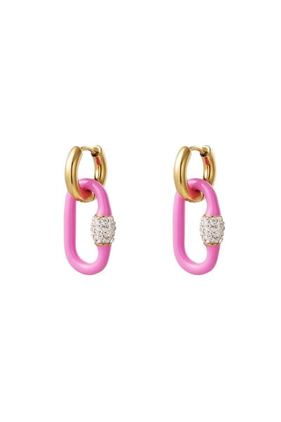 Yehwang - Oorbellen - Ovaal gekleurde bedel - Fuchsia & Gold Stainless Steel
