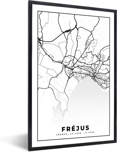 Fotolijst incl. Poster Zwart Wit- Frankrijk - Plattegrond - Fréjus - Stadskaart - Kaart - Zwart wit - 40x60 cm - Posterlijst