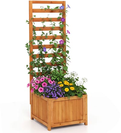 COSTWAY Bloembak met rankrooster, plantenbak voor klimplanten, verhoogd bed met latwerk, voering en afvoergaten, bloempot voor tuin, balkon, tuinlatwerk, rankkast, hout, 123 cm hoog (oranje)