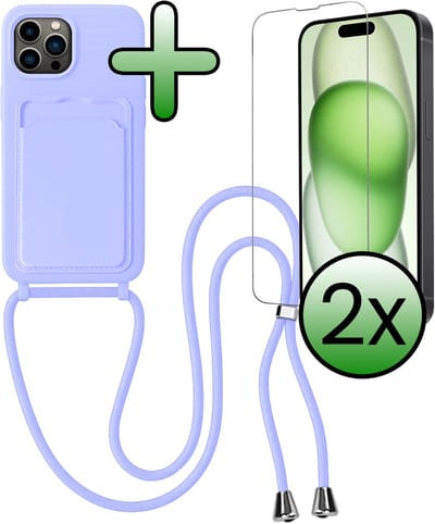 Hoes Geschikt voor iPhone 14 Pro Hoesje Pas Houder Case Hoes Met Koord Met 2x Screenprotector - Hoesje Geschikt voor iPhone 14 Pro Hoes Met Telefoonkoord Pasjeshouder Cover - Lila