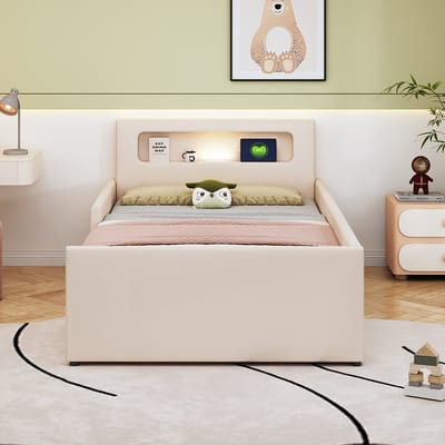 KOMHTOM Kinderbed met Lade 90 x 200 cm met nachtlampje USB-aansluiting opbergvak verhoogde zijhek voor veiligheid Beige