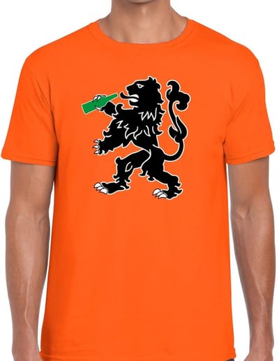 Koningsdag/ EK/ WK t-shirt - oranje - bier drinkende leeuw - voor heren - supporters kleding shirts S