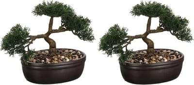 Atmosphera Kunstplant Bonsai boompje - Set van 2x stuks - 23 cm - in keramische - nepplant - boom