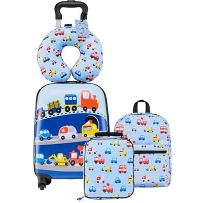 VEVOR 5-delige kofferset voor kinderen, 457,2 mm, harde koffer met trolley, rugzak, nekkussen, lunchbox en bagageaccessoires, bagageset voor jongens en meisjes, praktisch voor reizen, vliegen (auto).
