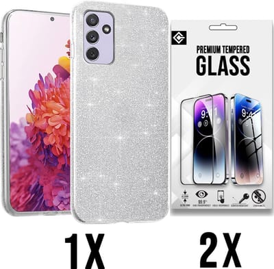 Casemania Hoesje Geschikt voor Samsung Galaxy A15 - Zilver - 2X Glazen Screenprotector - Glitter Back Cover