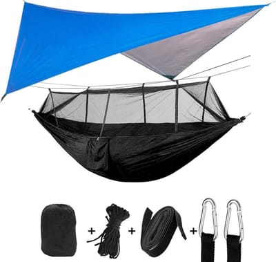 Camping hangmat - Dubbele hangmat - Ontspannen buiten - Met muggennet en luifel - 260 x 140 cm - Blauw zwart