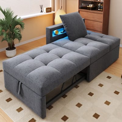 OKWISH Gestoffeerde Slaapbank 177x68 cm – 3-in-1 Slaapsofa met Verstelbare Rugleuning – Met LED & USB/Type-C – Linnen Bekleding – Lichtgrijs – Zonder Matras