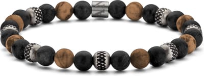 Frank 1967 7FB-0735 Kralen Armband - Heren Armband - Zwart Agaat Kralen - 6mm - Tijger oog - Staal Kralen - Rekbaar 19cm - Bruin/Atraciet