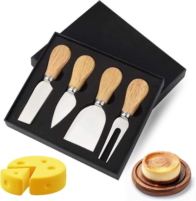 Set van 4 Kaasmesjes - Mini Kaasmes, Kaas Snijder, Kwaliteitskaasmes met Houten Handvat - Roestvrijstalen Keuken Gereedschap voor Kaasliefhebbers - Cadeauset