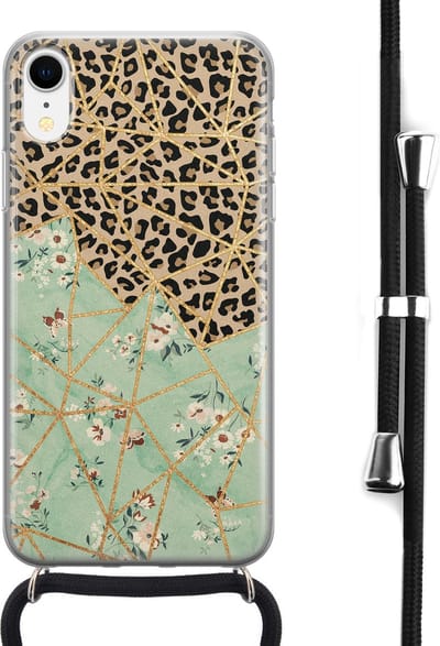 Hoesje met koord - Geschikt voor iPhone XR - Luipaard bloemen print - Verstelbaar zwart koord - Transparant, Multi - Luipaardprint - Leuke Telefoonhoesjes
