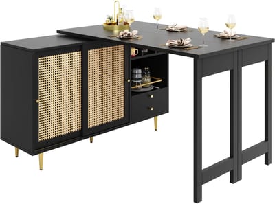Merax Uitschuifbare Bartafel Zwart 107x40x71 cm Met Opbergruimte En Rattan Deur Voor Keuken Of Woonkamer