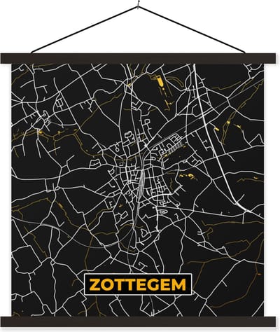 Posterhanger incl. Poster 60x60 cm - Schoolplaat - Plattegrond - Stadskaart - Goud - Zottegem - Kaart - Textielposter - Zwarte latten - Stadskaart