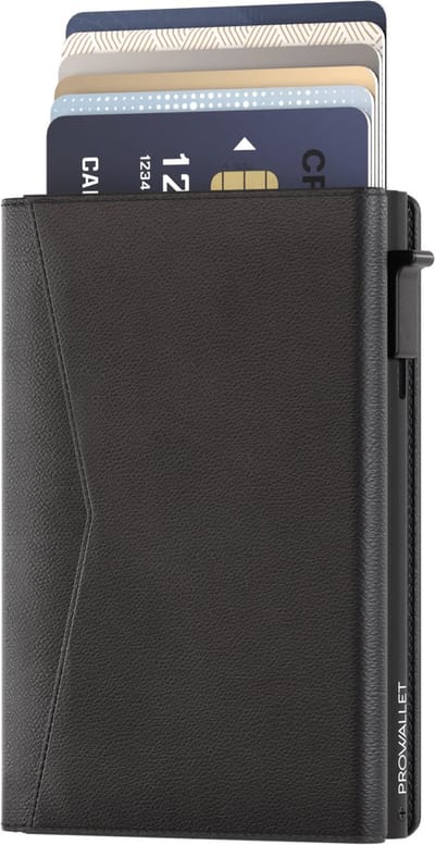 Prowallet Classic - Zwart - Pasjeshouder voor 9 Pasjes, Briefgeld en Muntgeld - Uitschuifbaar - RFID Creditcardhouder - Kaarthouder Portemonnee, Pashouder voor Mannen & Vrouwen - Aluminium, Kunstleer - Incl. Luxe Cadeaubox