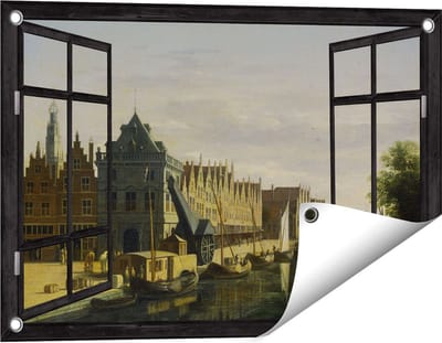 Gards Tuinposter Doorkijk De Waag en de Kraan aan het Spaarne te Haarlem - Gerrit Adriaensz Berckheyde - 60x40 cm - Tuindoek - Tuindecoratie - Wanddecoratie buiten - Tuinschilderij
