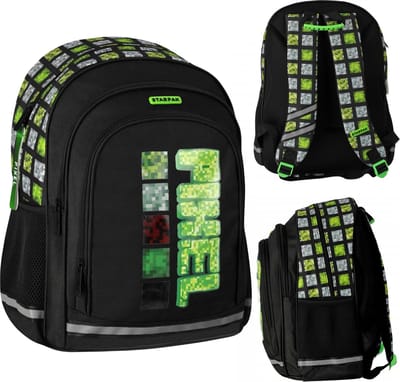 Pixel Game Zwart-groene, verstijfde, schoolrugzak voor jongens 40x29x20cm, verstevigde rug