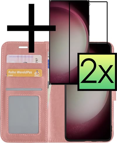 Hoesje - Met 2x Screenprotector - Geschikt voor Samsung Galaxy S23 Ultra - Luxe Pasjeshouder - Bookcase Portemonee - Flip Case - Kunstleer Book Case - Flipcase Hoes - Book Cover - Walletcase - Portemonneehoes - Rosé goud