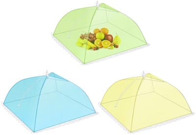 Dailygoods- Voedselhoezen 3 Stuks - Opvouwbare Koepels - Roestvrij Stalen Beugels - Nylon Gaas - Bescherming Tegen Vliegen - 32 x 32 cm - Voedselnet