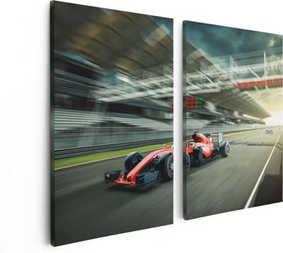 Artaza Canvas Schilderij Tweeluik Formule 1 Auto bij de Finish in het Rood - 80x60 - Foto Op Canvas - Canvas Print