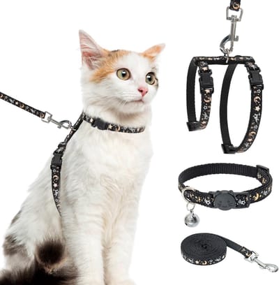 Halsband, set - ontsnappingsbestendig, verstelbaar, H-shped kattenharnas met ster en maan patroon, glow in the dark voor kitty outdoor wandelen