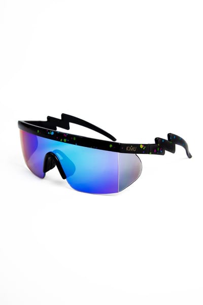 KIMU® Skibril Zonnebril - Zwart Montuur - Blauwe Spiegelglazen - Foute Ski Bril Fietsbril Sportbril Motorbril Fout Skipak Motor Wintersport Festival