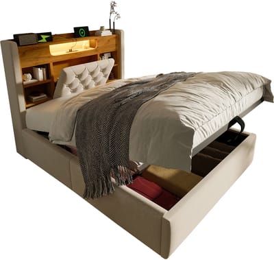 MODFU Gestoffeerd Bed - Met Opbergruimte En LED-Verlichting - Retro - Met USB-C En USB - Beige - 90 X 200 Cm