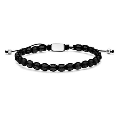 Frank 1967 – Heren Armband – 7FB-0707 Kralen Armband 4mm - Agaat - Staal - Lengte Verstelbaar - 19+4+4cm - Zwart