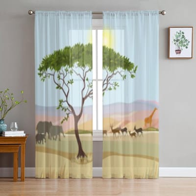 Afrikaans Berg Idealistisch Landschap Tule Transparante Gordijnen voor Woonkamer Slaapkamer Keuken Decoratie Voile Organza Gordijnen 135W x 114H(cm) white
