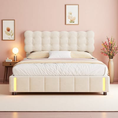 Opbergbed 140x200 cm beige fluweel met gaslift, LED-voetbordverlichting en ruime opbergruimte, gestoffeerd tweepersoonsbed