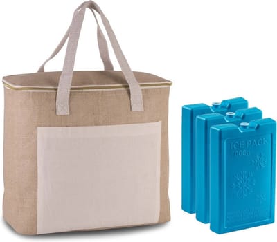 Kimood Grote strand koeltas - jute/canvas - 20 liter - 38 x 32 x 16 cm - met 3x 1000 gram koelelementen