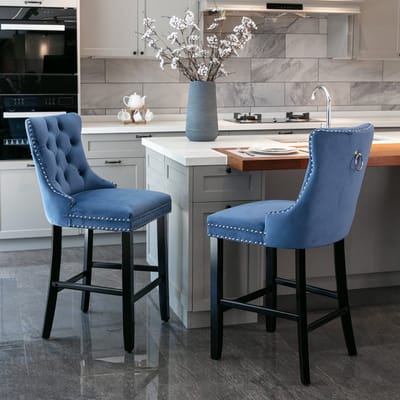 Moderne Velvet Barstoelen - Set van 2 - Knopen Tufted Decoratie - Houten Poten & Chrome Nailhead Trim - Blauw