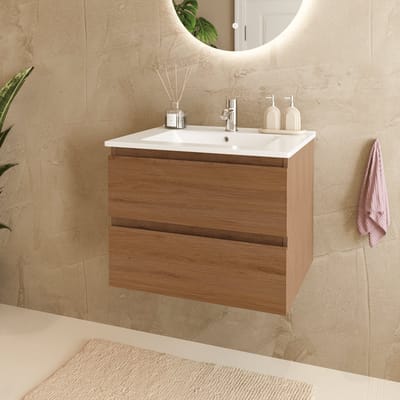 LOMAZOO Badkamermeubel Warm Eiken 60 cm cm [MARENZA] - Wastafelonderkasten - Wastafel Wit - Wastafel Keramiek - Badkamerkast Zwevend
