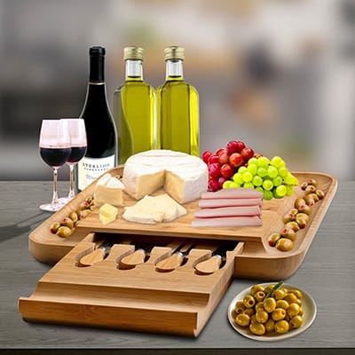 Bamboe Kaasplank met Lade & Inclusief 4 Kaas messen - Kaas plankje - Serveerplank hout - Serveerplank voor kaas
