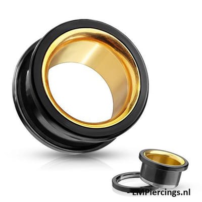 6 mm Screw-fit tunnel zwart met goud binnenwerk - LMPiercings