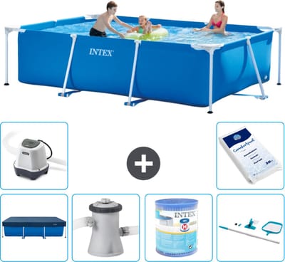 Intex Rechthoekig Frame Zwembad - 300 x 200 x 75 cm - Blauw - Inclusief Afdekzeil - Zwembadfilterpomp - Filter - Schoonmaakset - Zoutwatersysteem - Zwembadzout - 7-delig
