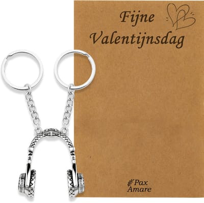 Koppel Sleutelhanger voor 2 'Fijne Valentijnsdag' - Magnetische Koptelefoon - Sleutelhanger set op Cadeau Kaartje - Zilverkleurig - Vriendschap of Relatie Symbool - Pax Amare
